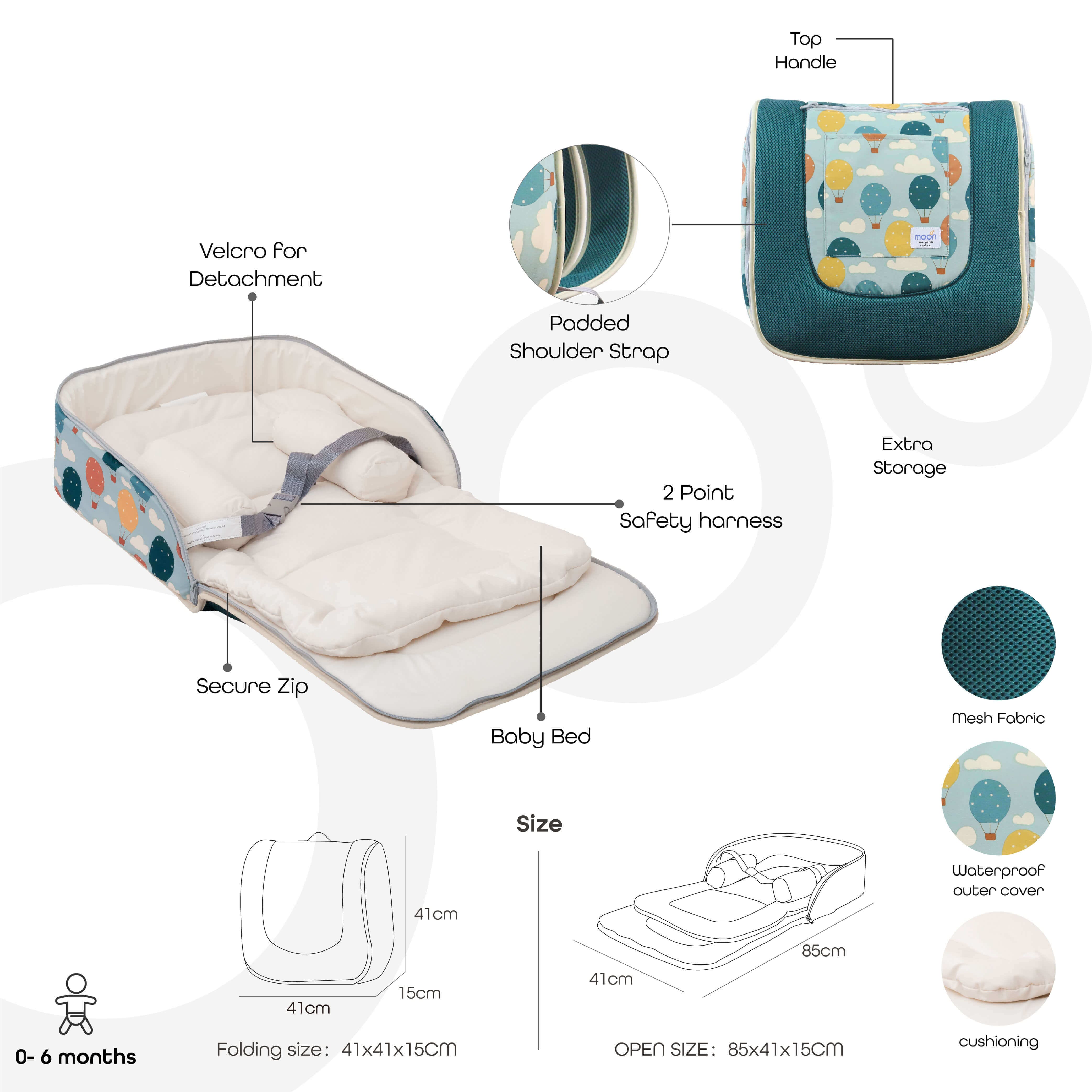 Moon Travalo Balloon Print Portable Travel Baby Bed & Backpack Bag, Multicolour